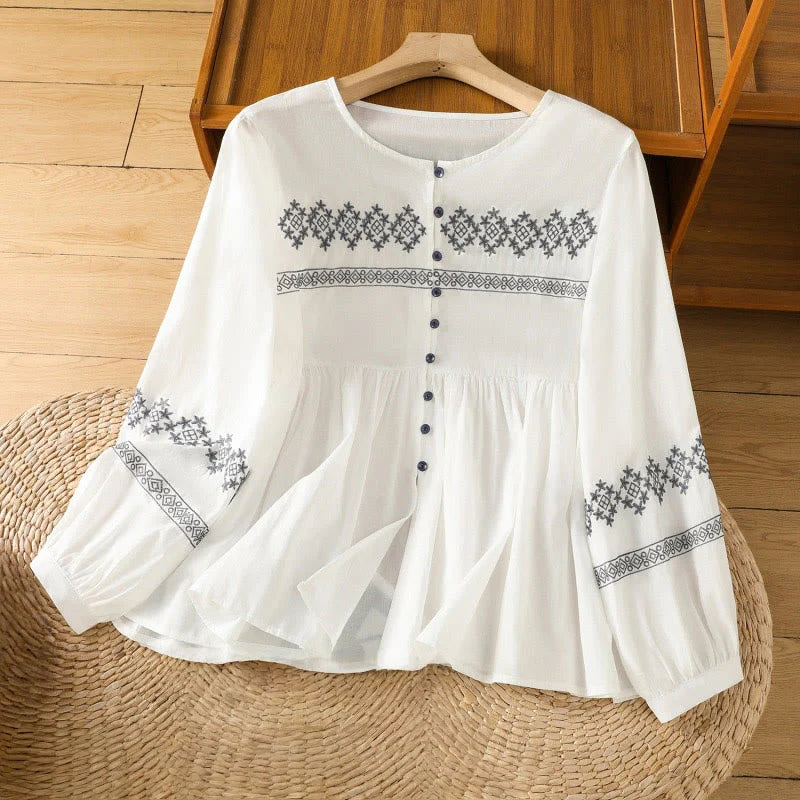 Buddha Stones Embroidery Pleated Buttons Long Lantern Sleeve Women's Cotton Shirt