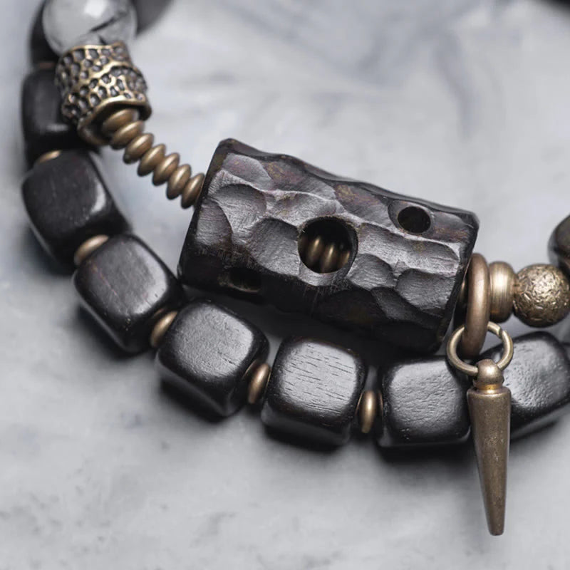 Buddha Stones Ebony Wood Black Rutilated Quartz Copper Brass Double Wrap Balance Bracelet (Extra 30% Off | USE CODE: FS30)