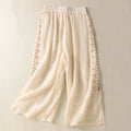 Buddha Stones Ethnic Embroidery Drawstring Cotton Linen Women's High Waist Wide Leg Pants With Pockets