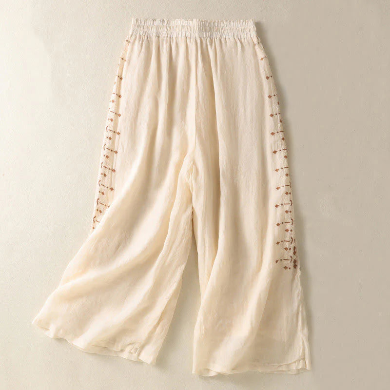 Buddha Stones Ethnic Embroidery Drawstring Cotton Linen Women's High Waist Wide Leg Pants With Pockets