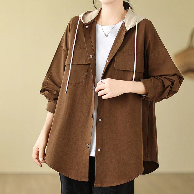 Buddha Stones Casual Commute Drawstring Hoodie Women's Cotton Linen Jacket With Pockets