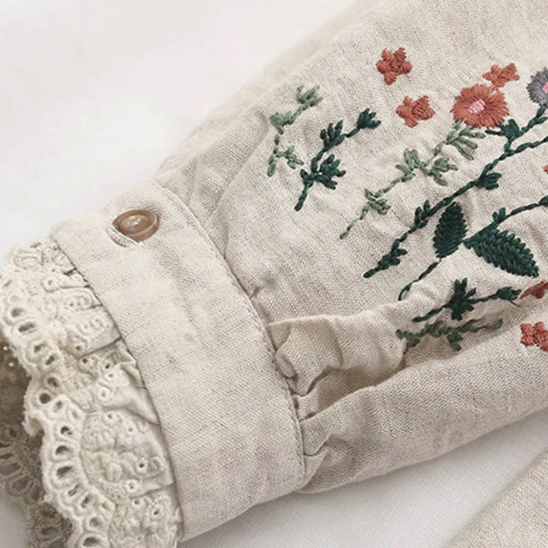 Buddha Stones Fall Beige Floral Grass Embroidery Buttons Women's Cotton Long Sleeve Shirt
