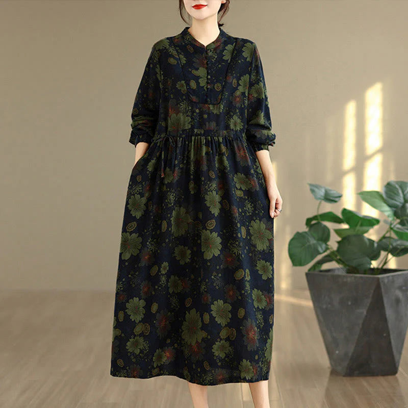 Buddha Stones Flower Pattern Long Sleeve Cotton Midi Dress With Pockets