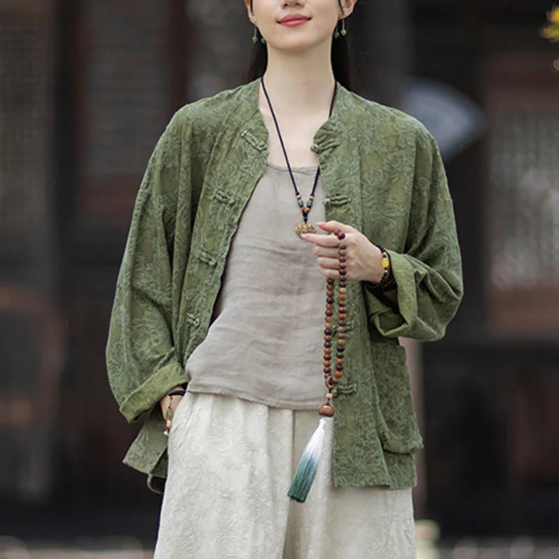 Buddha Stones Fall Jacquard Women's Frog-Button Long Sleeve Shirt Pants Cotton Linen Clothing