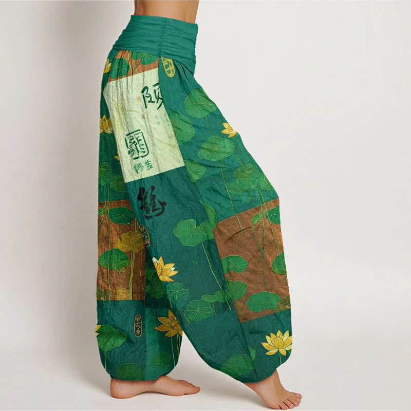 Buddha Stones Pure Cotton Strong Visual Impact Lotus Flowers Leaves Pattern Women's Elastic Waist Harem Pants