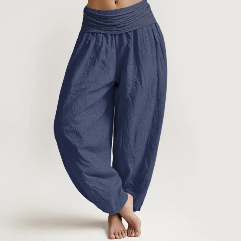 Buddha Stones Plain DarkSlateBlue Pure Cotton Women's Elastic Waist Harem Pants