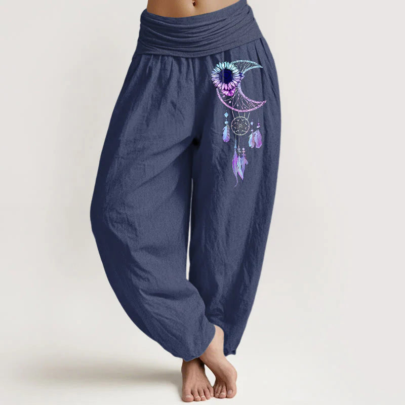 Buddha Stones Pure Cotton Elegant Moon Flower Feather Pattern Women's Elastic Waist Harem Pants