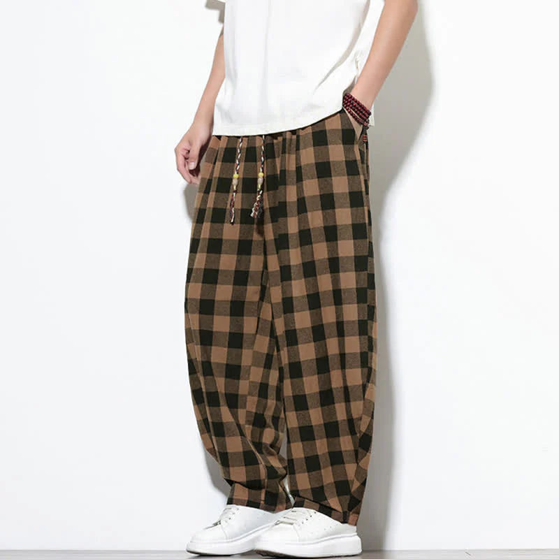 Buddha Stones Summer Plaid Pattern High Waist Drawstring Men's Harem Pants With Pockets