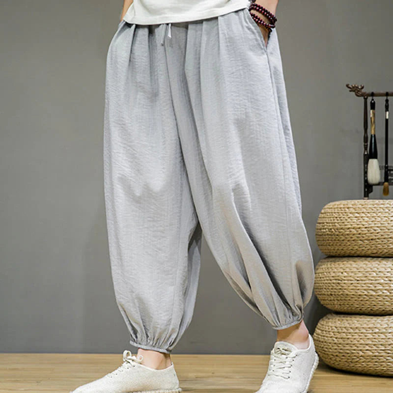 Buddha Stones Summer Plain Drawstring Men's Ankle-Length Cotton Harem Pants With Pockets