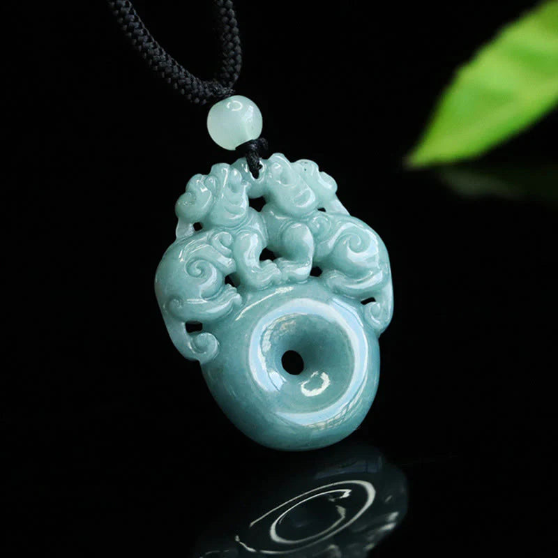Buddha Stones Double PiXiu Jade Peace Buckle Wealth Luck String Necklace Pendant