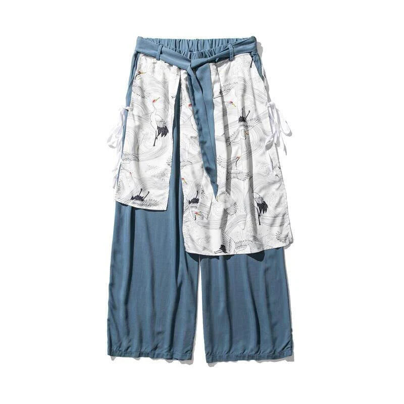 Buddha Stones Summer Flying Crane Design Cotton Men's Wide Leg Pants With Pockets