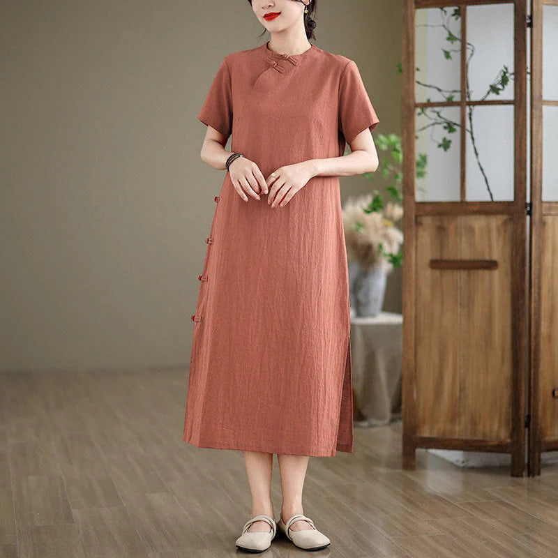 Buddha Stones Summer Vintage Pure Color Chinese Frog-Button Cheongsam Qipao Midi Dress