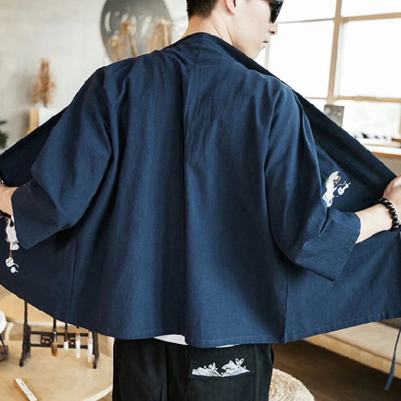 Buddha Stones Embroidery Open Front Jacket Cotton Linen Men's Three Quarter Sleeve Kimono