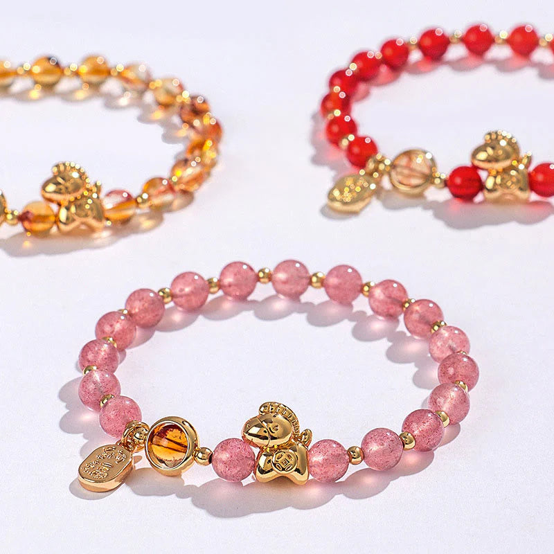 Buddha Stones Year Of The Horse Strawberry Quartz Citrine Red Agate Pink Crystal Love Bracelet