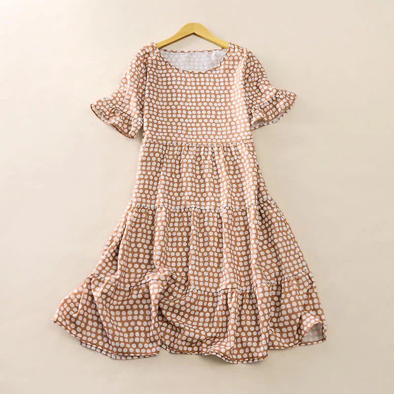 Buddha Stones Summer Elegant Polka Dot A Line Ruffle Hem Short Sleeve Knee Length Dress