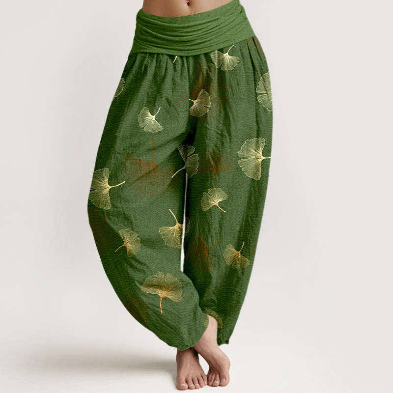 Buddha Stones Cotton Elegant Ginkgo Pattern Women's Elastic Waist Harem Pants