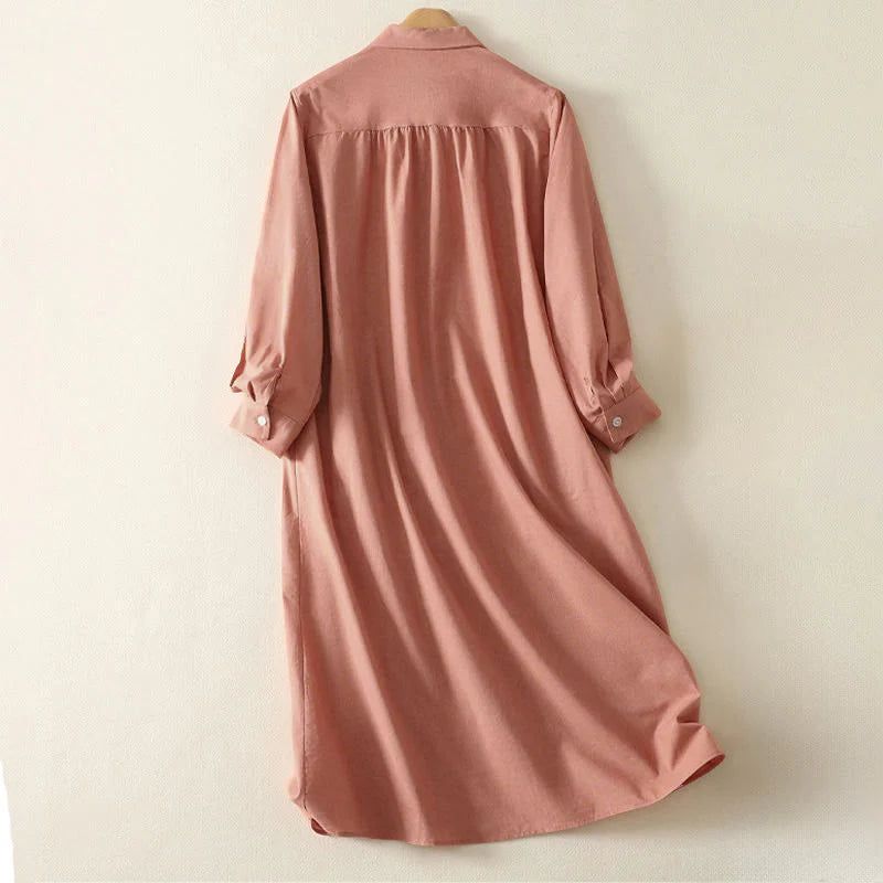 Buddha Stones Fall Solid Color Lapel Buttons Long Sleeve Cotton Midi Dress With Pockets