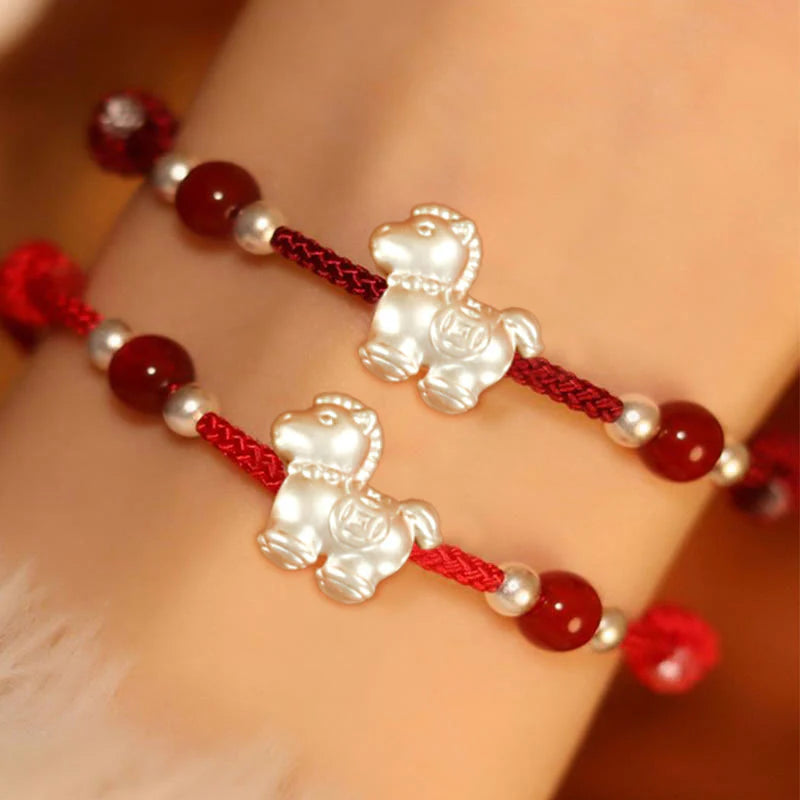 Buddha Stones 999 Sterling Silver Red Agate Year Of The Horse Prosperity String Bracelet