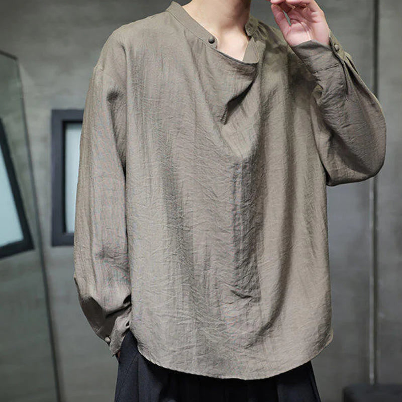 Buddha Stones Spring Solid Color Pleated Stand Collar Design Tang Suit Men's Long Sleeve Linen Shirt