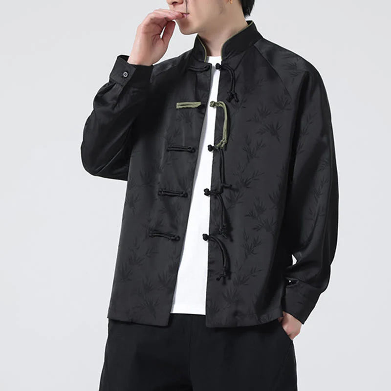 Buddha Stones Spring Jacquard Bamboo Leaves Pattern Chinese Frog-Button Design Men's Long Sleeve Shirt