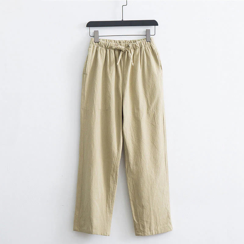 Buddha Stones Men's Solid Color Cotton Linen Casual Drawstring Pants With Pockets