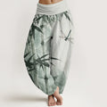 Buddha Stones Cotton Casual Bamboo Leaves Dragonfly Pattern Women's Elastic Waist Harem Pants