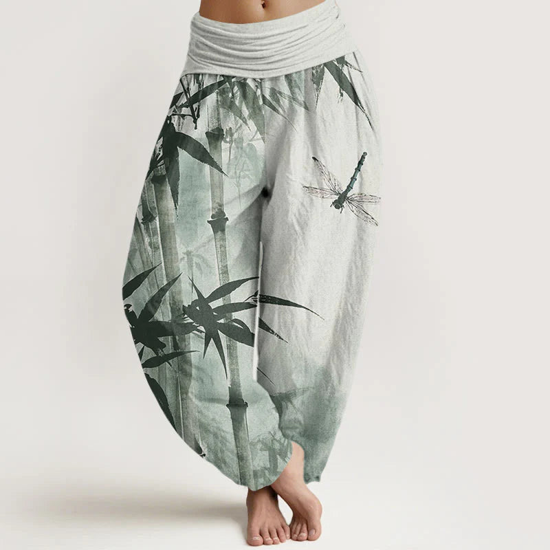 Buddha Stones Cotton Casual Bamboo Leaves Dragonfly Pattern Women's Elastic Waist Harem Pants
