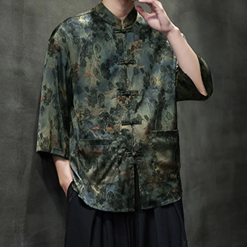 Buddha Stones Spring Frog-Button Dragon Mountain Flower Three Quarter Sleeve Tang Suit Men's Shirt With Pockets