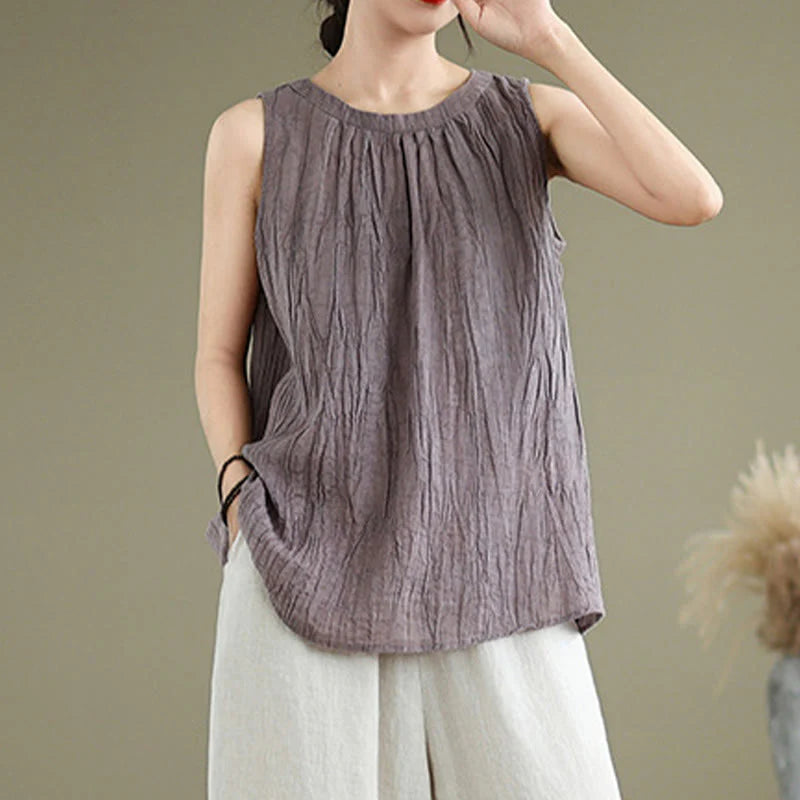 Buddha Stones Summer Wrinkles Simple Design Crew Neck Cotton Linen Women's Sleeveless Vest Waistcoat