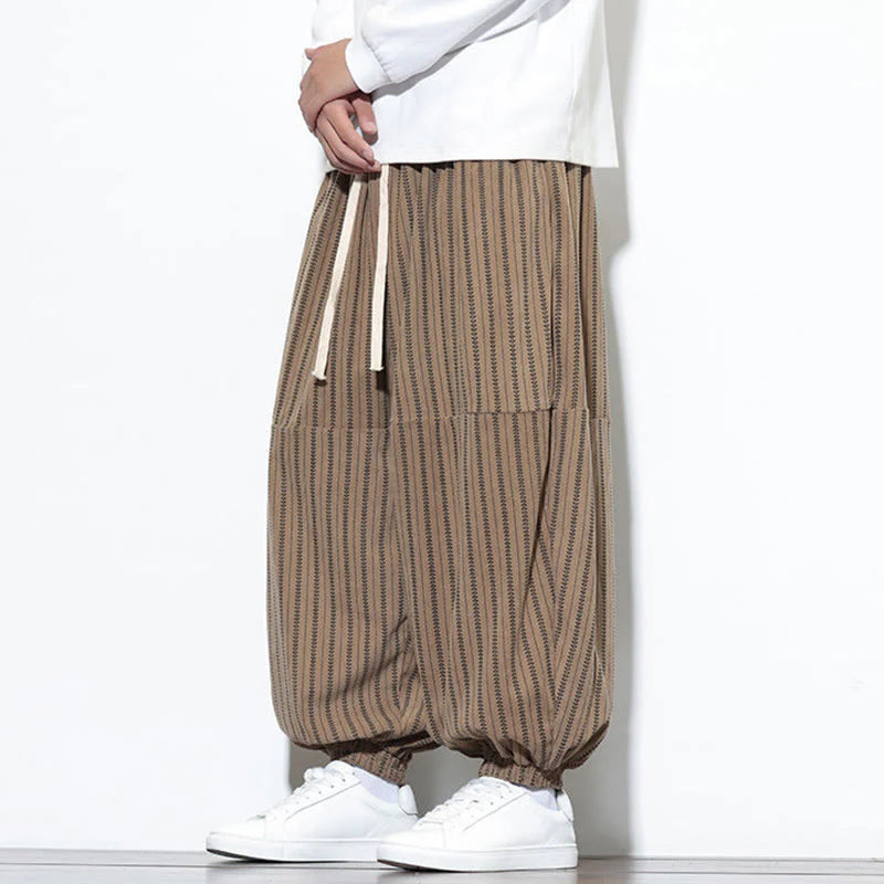 Buddha Stones Fall Striped Pattern Drawstring Men's Harem Corduroy Pants With Pockets