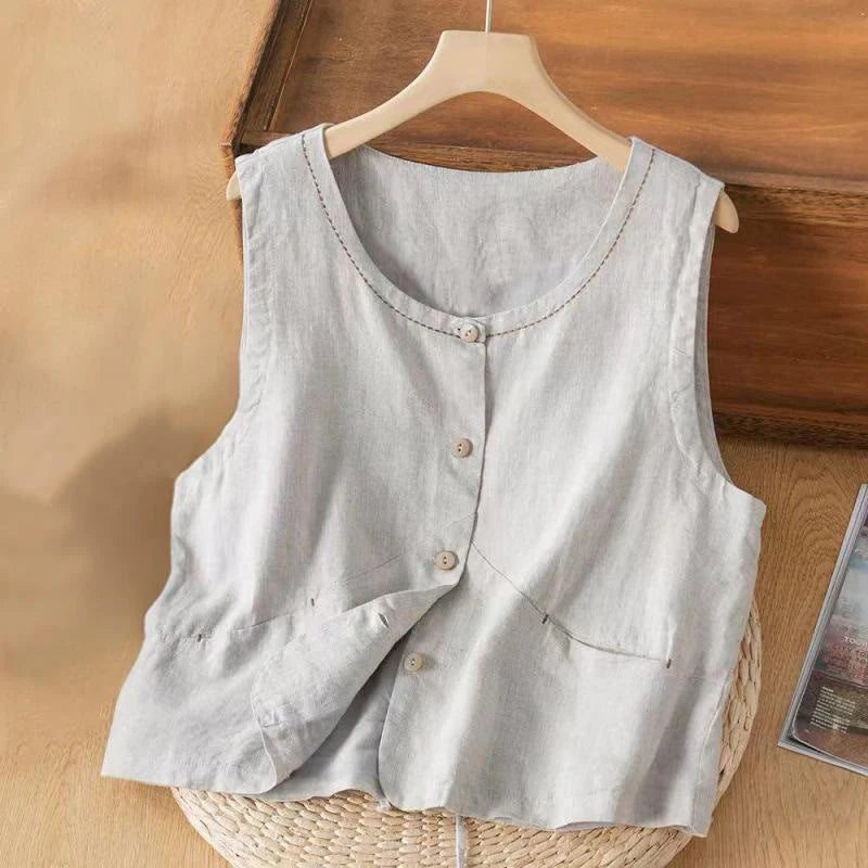 Buddha Stones Single Breasted Sleeveless Design Cotton Linen Women's Vest WIth Pockets