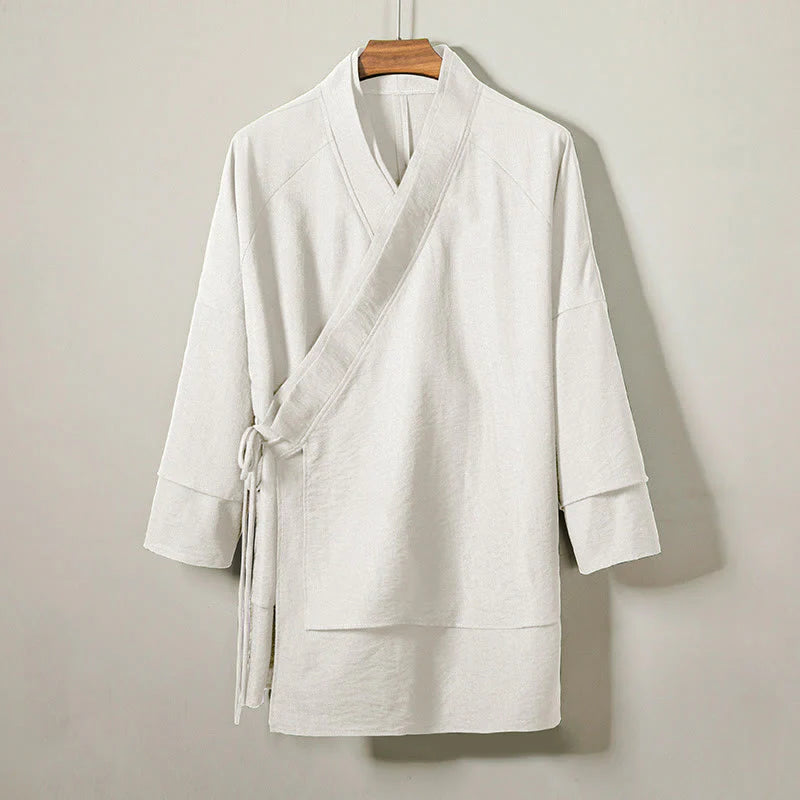 Buddha Stones Lace-Up Design Open Front Jacket Men's Long Sleeve Kimono