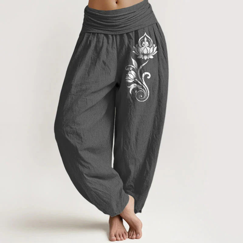 Buddha Stones Sitting Buddha Lotus Floral Pattern Elastic Waist Women's Harem Pure Cotton Pants