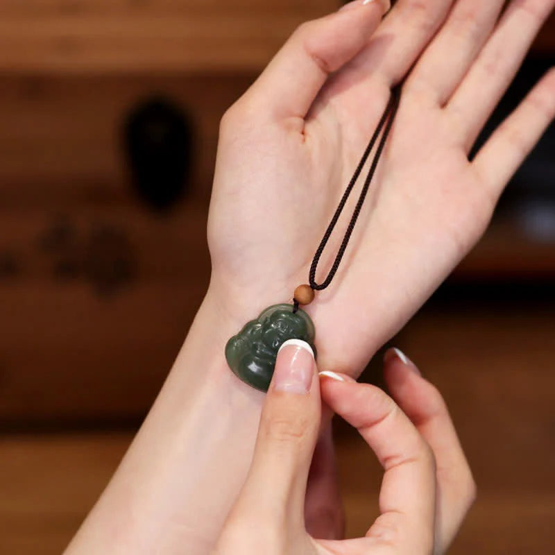 Buddha Stones Laughing Buddha Hetian Jade Healing Calm Necklace String Pendant