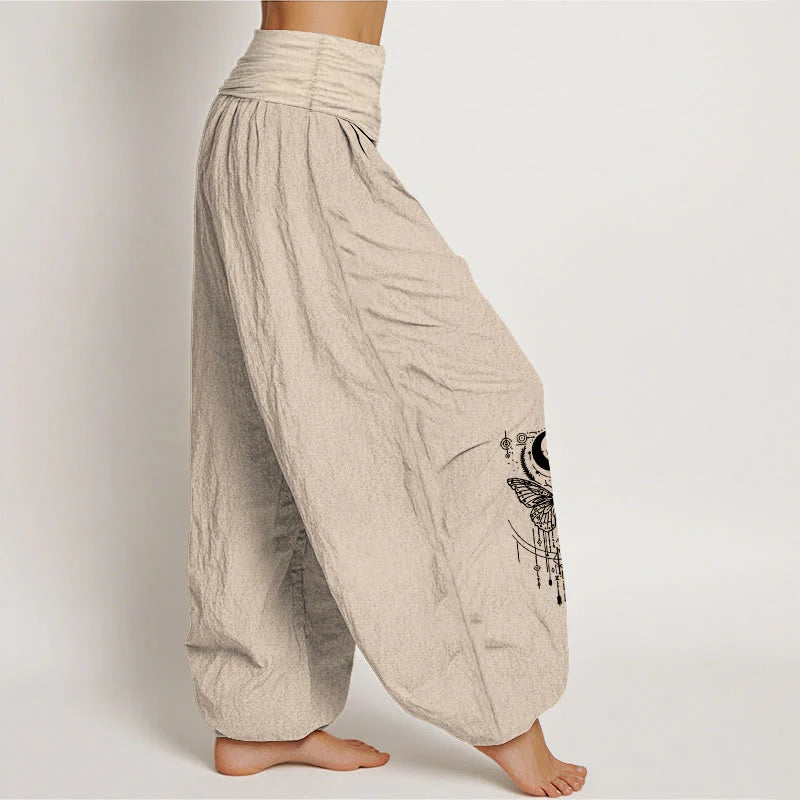 Buddha Stones Pure Cotton Minimalist Design Eye Moon Butterfly Pattern Women's Elastic Waist Harem Pants
