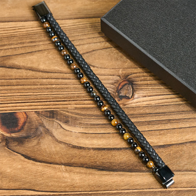 Buddha Stones Black Onyx Tiger Eye Titanium Steel Leather Protection Bracelet