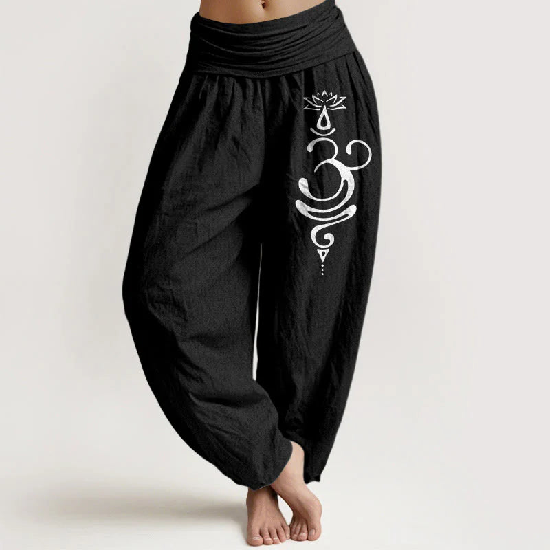 Buddha Stones Lotus Flower Unalome Symbol Pattern Pure Cotton Women's Elastic Waist Harem Pants