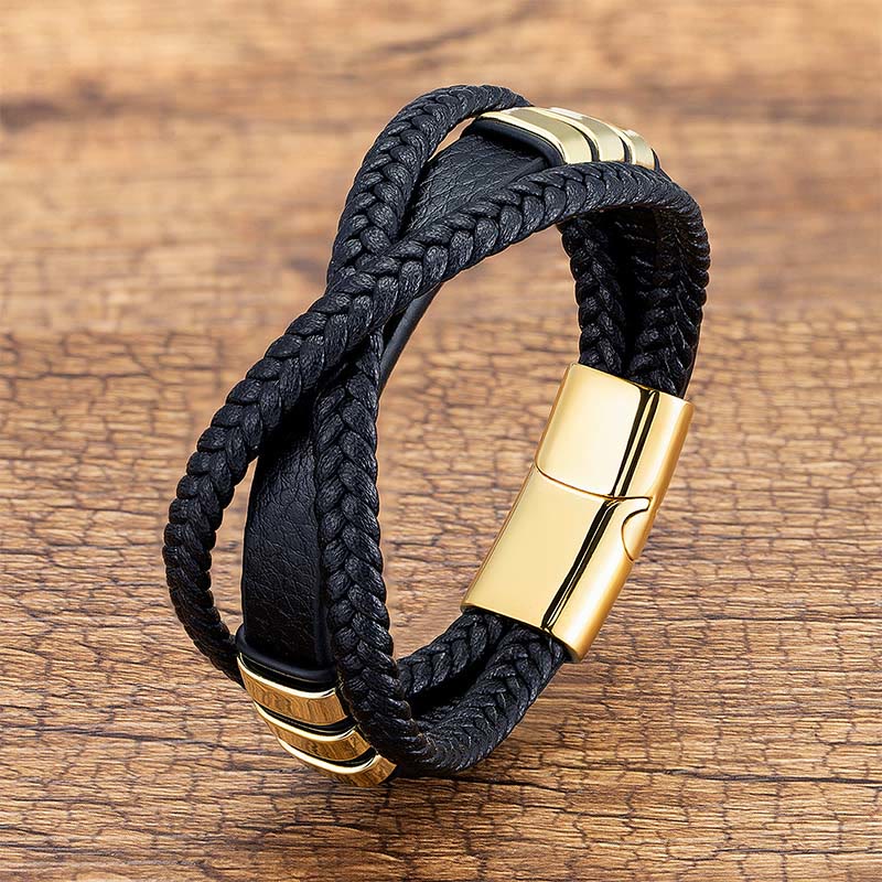 Buddha Stones Multi-layered Cross-woven Design Leather Titanium Steel Balance Bracelet