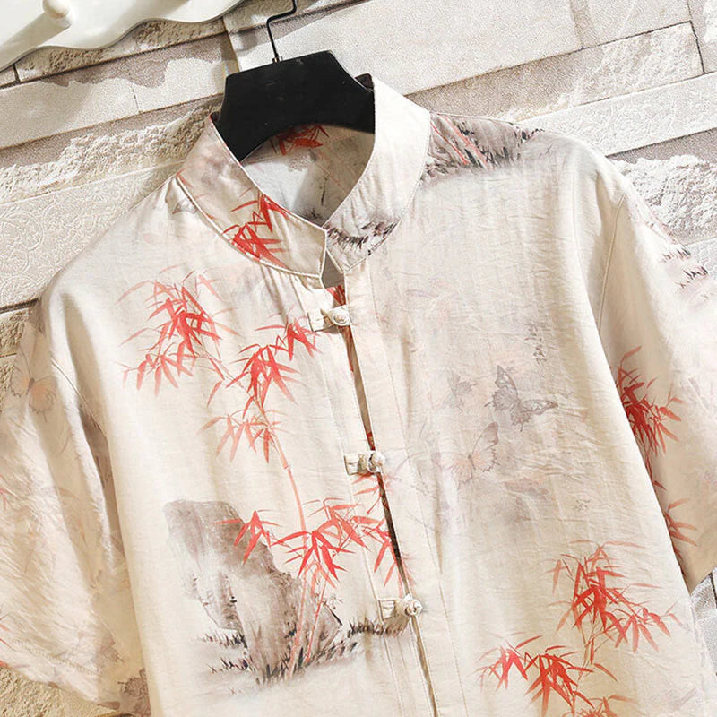 Buddha Stones Summer Bamboo Butterfly Pattern Short Sleeve Frog-button Design Men's Shirt Jacket