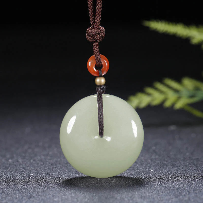 Buddha Stones Round Hetian White Jade Peace Buckle Blessing Necklace Pendant