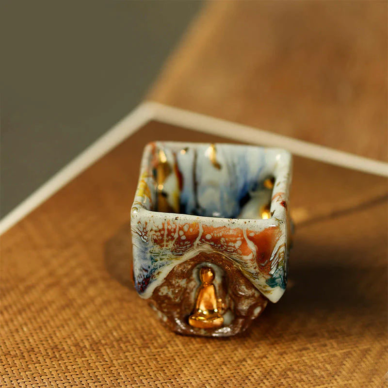 Buddha Stones Hand-painted Dunhuang Meditating Buddha Shino Ceramic Teacup Kung Fu Tea Cup