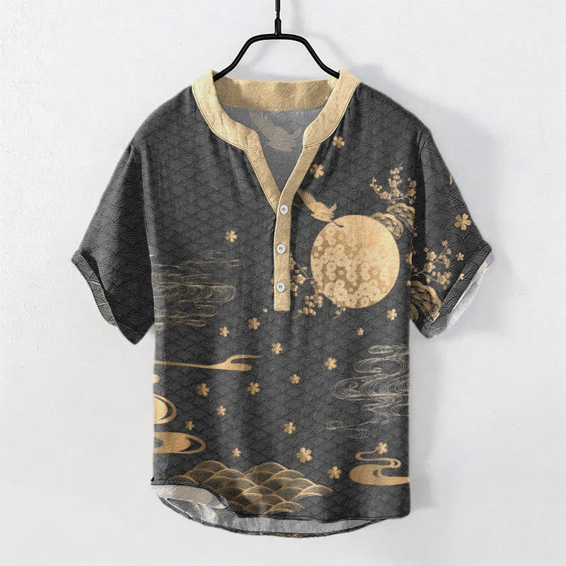Buddha Stones Cotton Plum Blossom Full Moon Crane Emblem Men's Short Sleeve Half Button Shirt