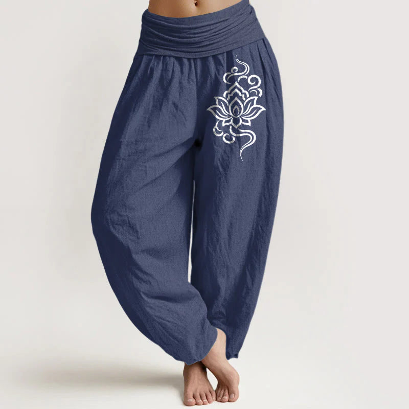 Buddha Stones Cotton Simple Lotus Pattern Women's Elastic Waist Harem Pants