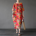 Buddha Stones Red Peony Flowers Printed Midi Dress Half Sleeve Cotton Linen Dress