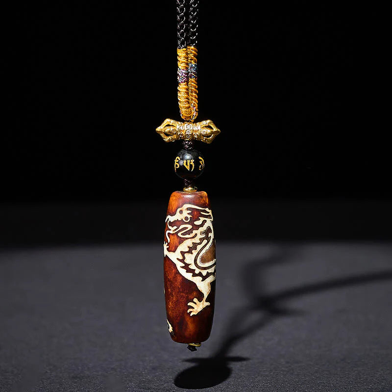 Buddha Stones Tibetan Agate Dragon Pattern Nine-eye Dzi Protection Necklace Pendant