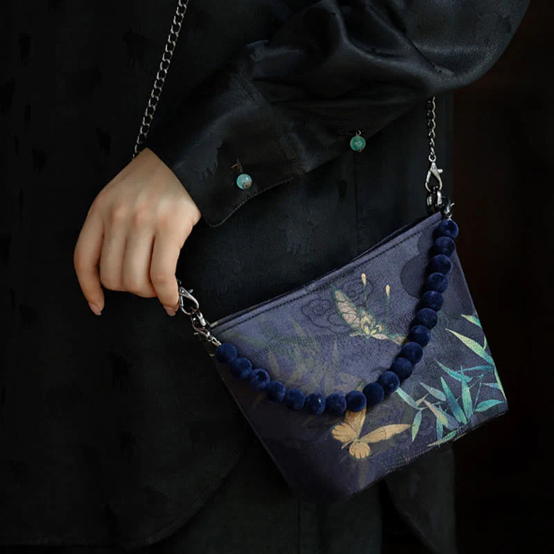 Buddha Stones Small Bamboo Leaves Butterfly Peony Flowers Magpie Metal Chain Crossbody Bag Shoulder Bag Handbag