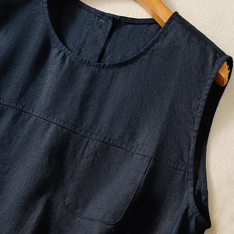 Buddha Stones Simple Crew Neck Button Design Women's Cotton Sleeveless Vest