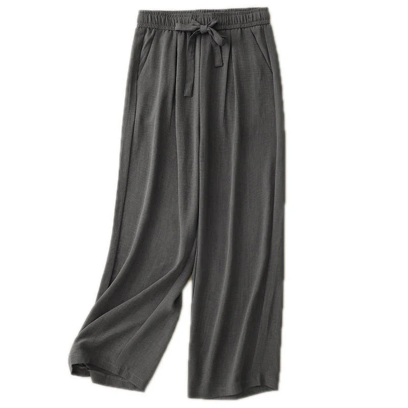 Buddha Stones Casual Summer Lace-Up Texture Design Women's Cotton Wide Leg Pants With Pockets