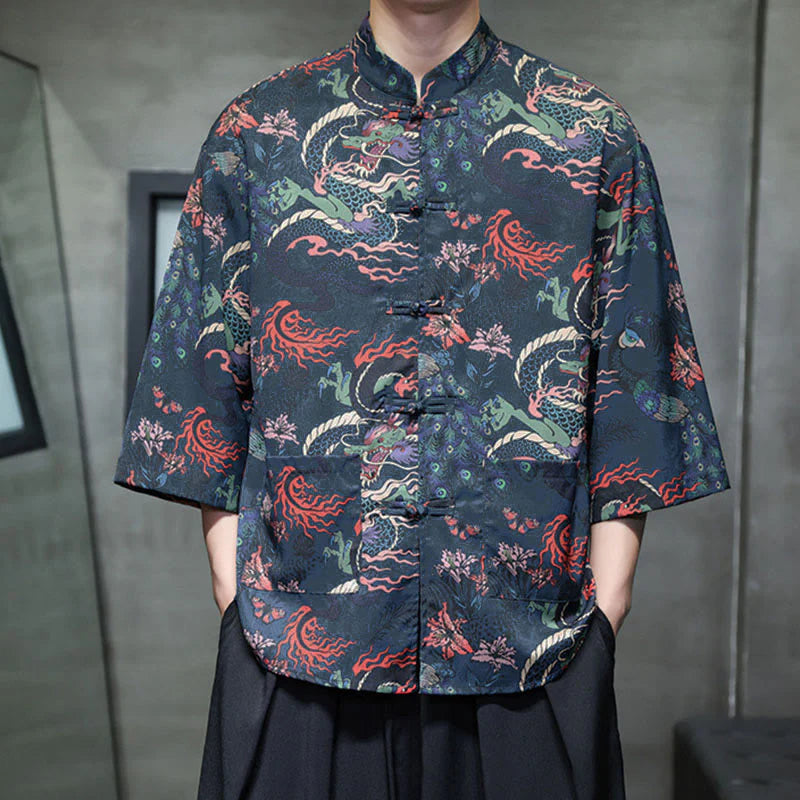 Buddha Stones Spring Frog-Button Dragon Mountain Flower Three Quarter Sleeve Tang Suit Men's Shirt With Pockets