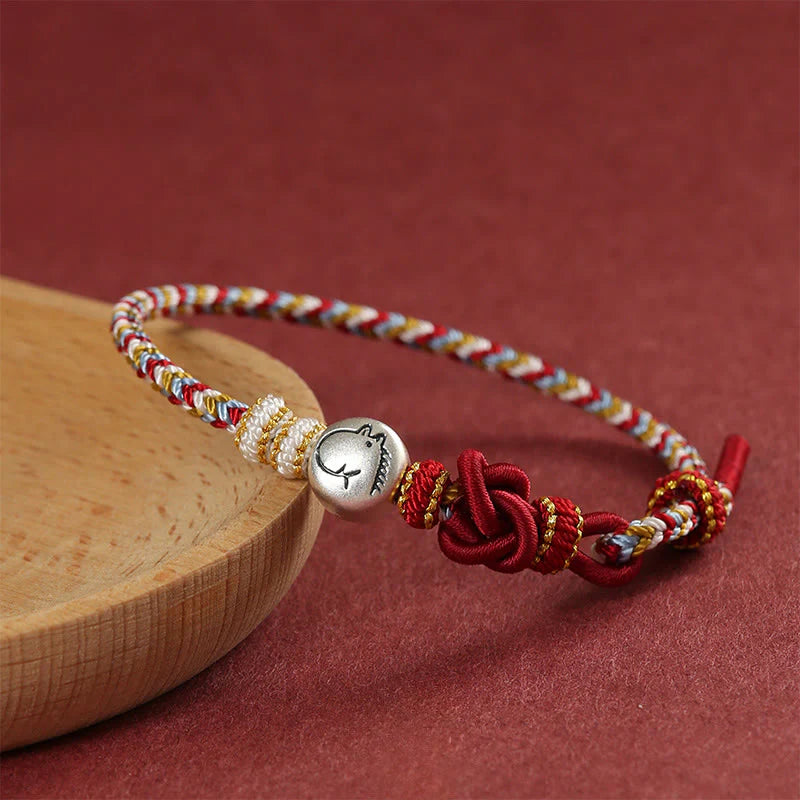 Buddha Stones Year of the Horse 999 Sterling Silver Dunhuang Color String Braided Luck Bracelet